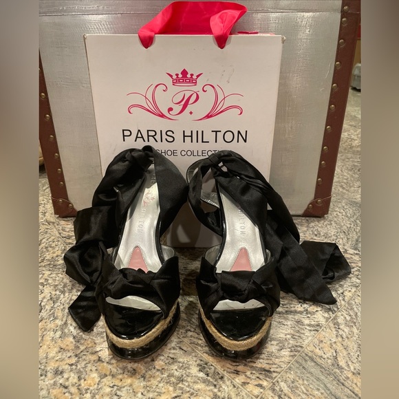 Paris Hilton Venus Black Satin Wedge Heels Size 8 - Picture 1 of 4